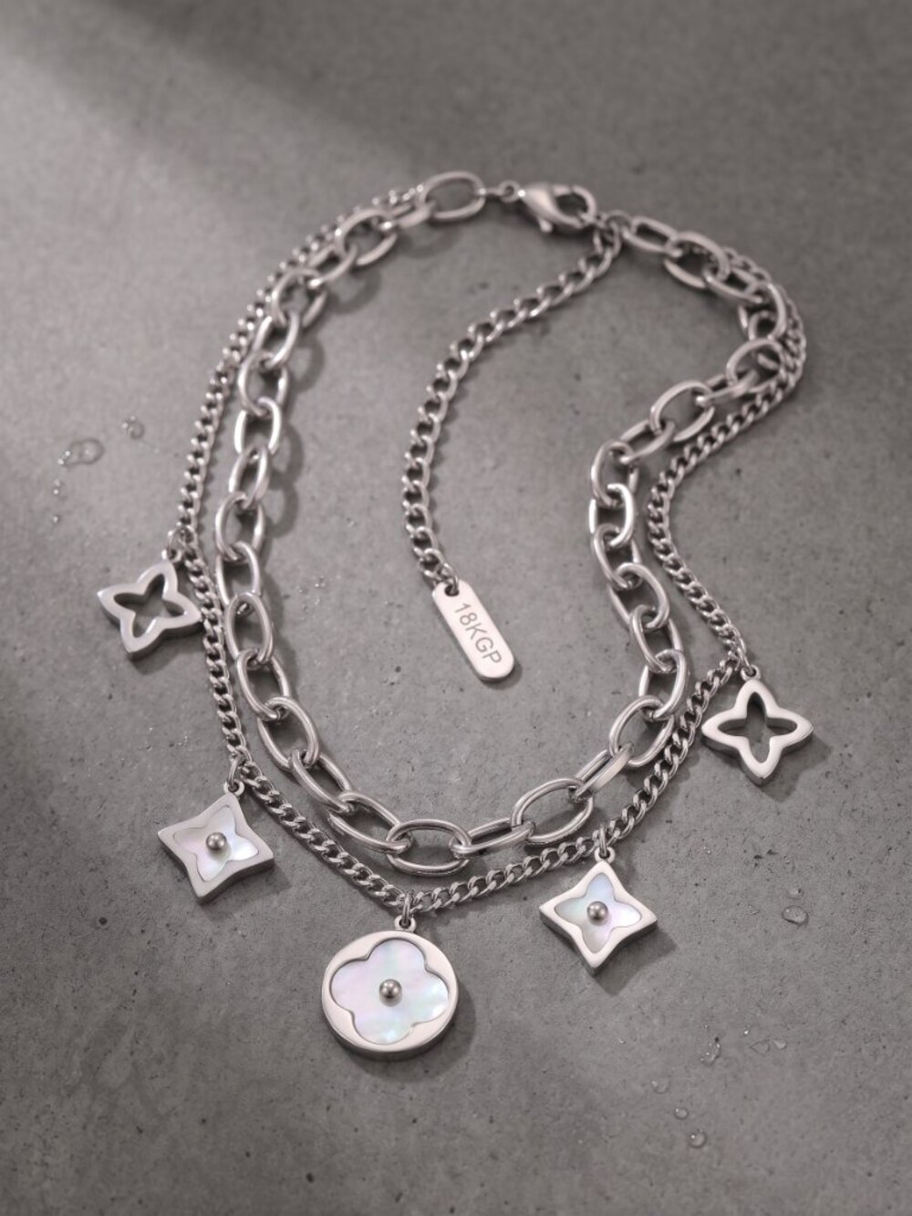 18K White Gold SS MOP Geometric Charm Bracelet Double Chain Quiet Luxury Adj